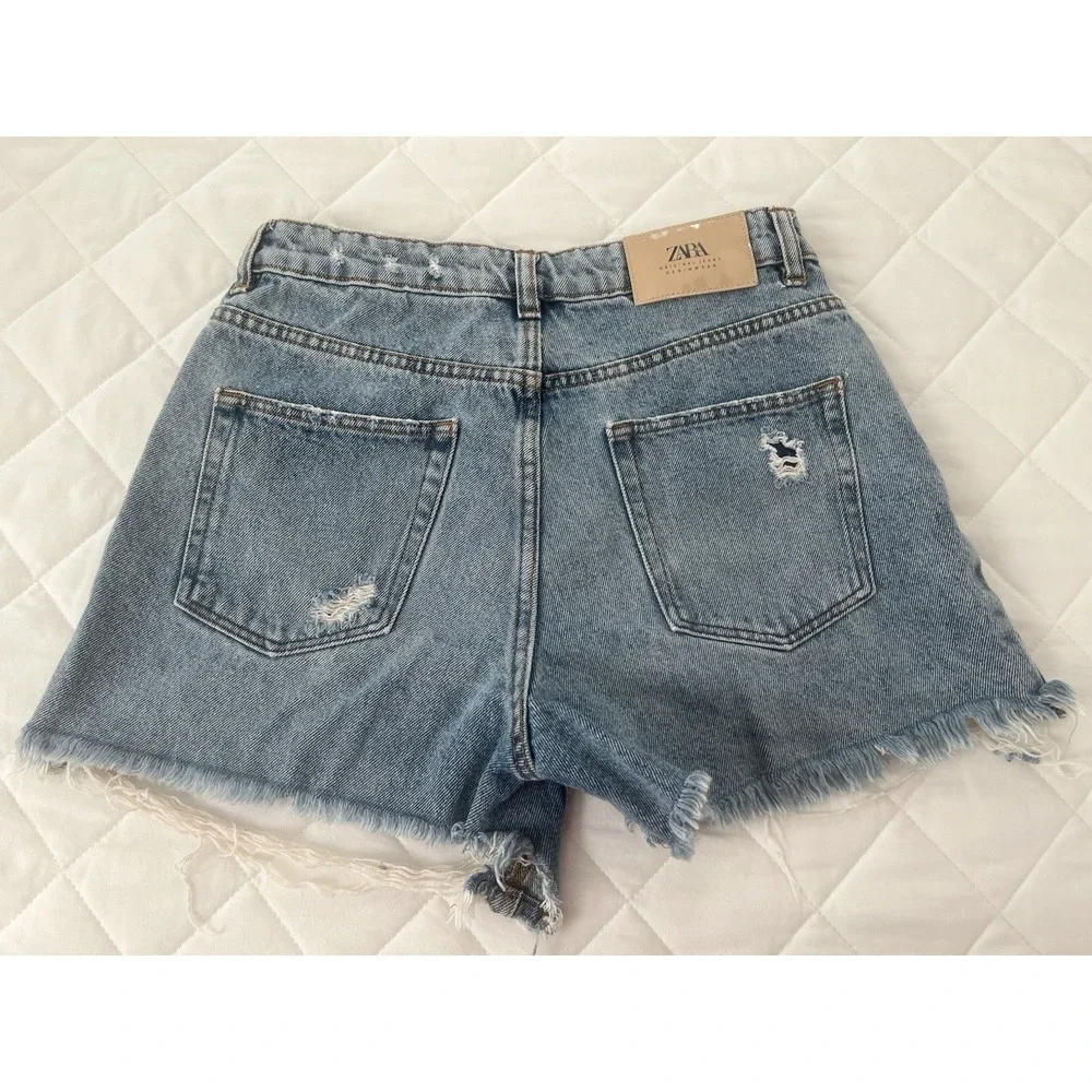 Zara Distressed Denim Shorts‎ High Rise Frayed Cutoff Festival Y2K Summer Size 4